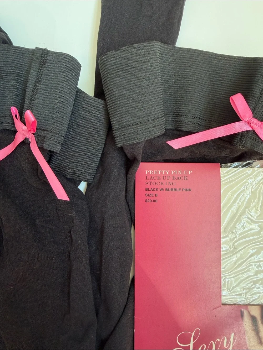 Vintage Victoria Secret, Black Sheer Thigh-High Stockings with Pink Bow Accent